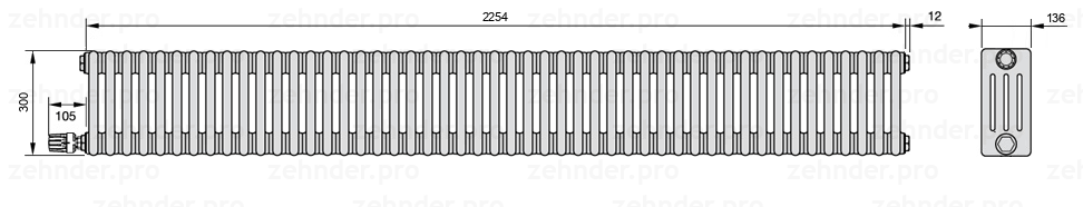 Схема (чертеж) Радиатор Zehnder Charleston 4030/49 №V003 Белый глянцевый RAL 9016